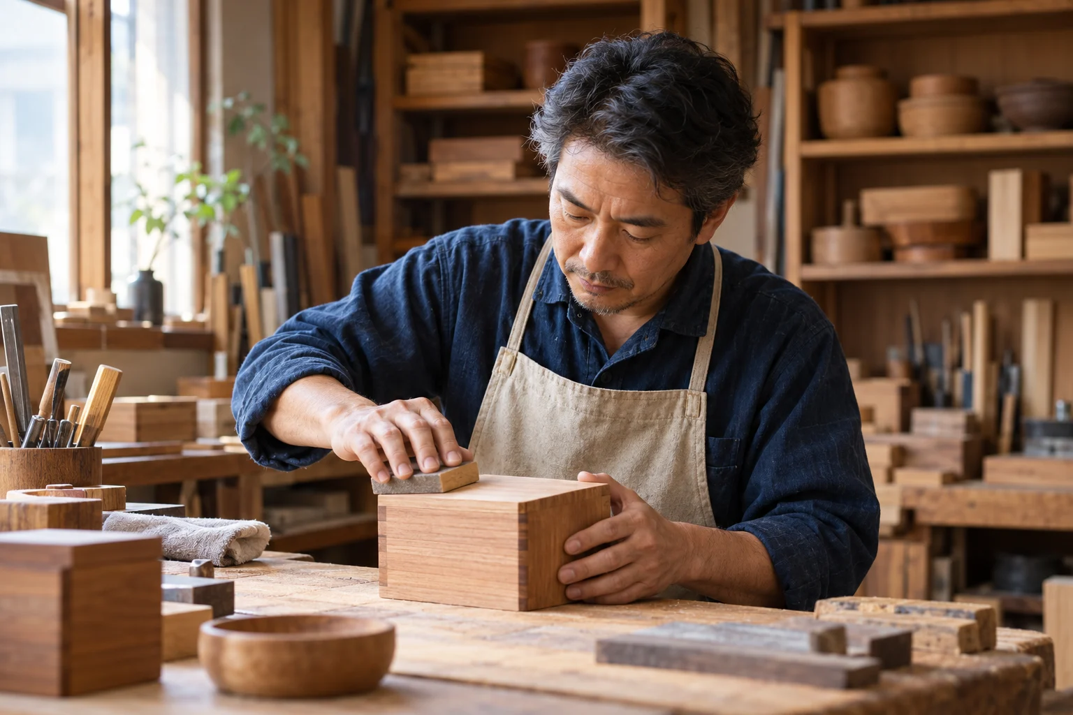 作業台で丁寧にものづくりに取り組む職人のイメージ